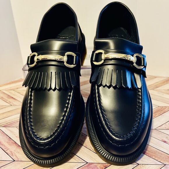 Dr Martens Adrian Snaffle Black Smooth Leather Loafers M 6 W 7 Kiltie Gold Bit - Picture 3 of 10
